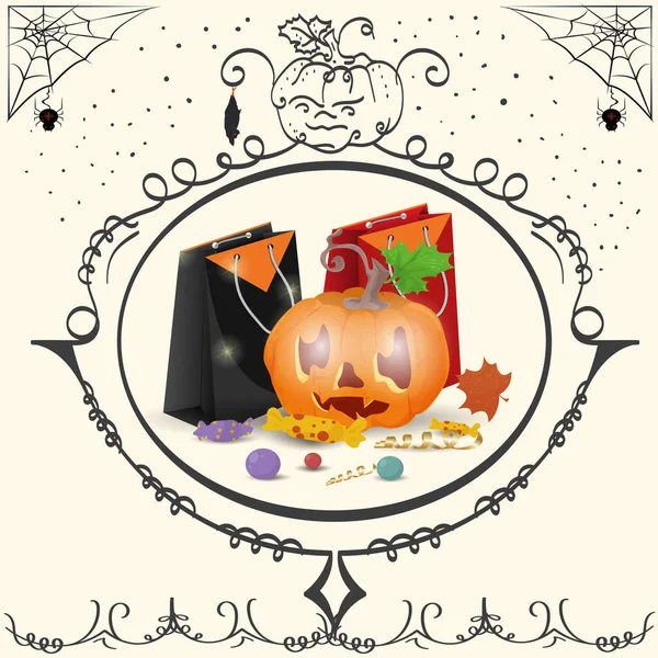 Marco Vintage Calabaza Con Bolsos Ilustración Plana Diseño Vacaciones Halloween Ilustración De Stock
