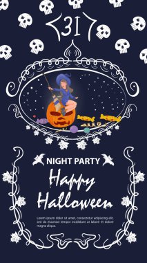 Cadılar Bayramı için klasik etiket davetiyesi, bir cadı çerçeveli bir balkabağına oturur