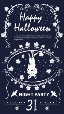 Cadılar Bayramı için klasik etiket daveti, yarasa ve yapraklar, çerçeveli