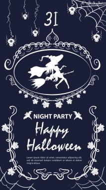 Cadılar Bayramı için klasik etiket davetiyesi, cadı çerçeve içinde uçar