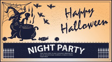 Cadılar Bayramı için klasik davetiye bir cadı bir kazanda iksir pişirir.