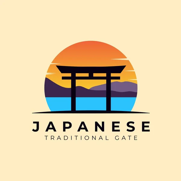 Giapponese Tramonto Torii Cancello Icona Logo Vettore Illustrazione Design — Vettoriale Stock