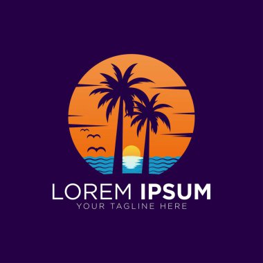 Palm Beach Logo şablonu, güneşli deniz dalgaları, palmiye ağaçları ve plaj, restoran ve konukseverlik için.