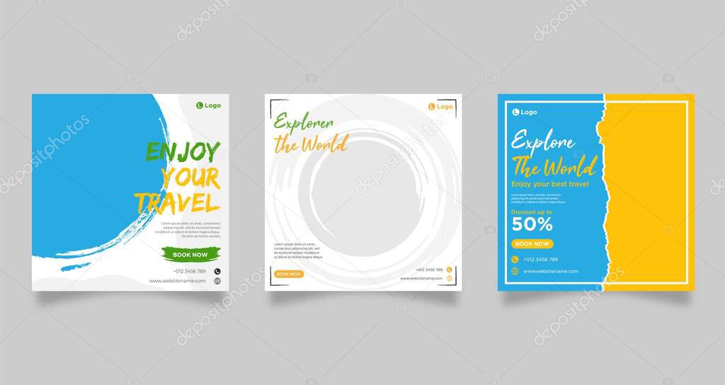 social media post template for travel holiday tourism marketing and sale promo. tour advertising. banner offer. vector frame illustration