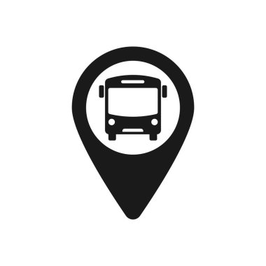 Otobüs durağı harita iğnesi. Otobüs durağının lokasyon şifresi. Beyaz arkaplanda izole edilmiş uygulamalar ve web siteleri için GPS bus konumu sembolü