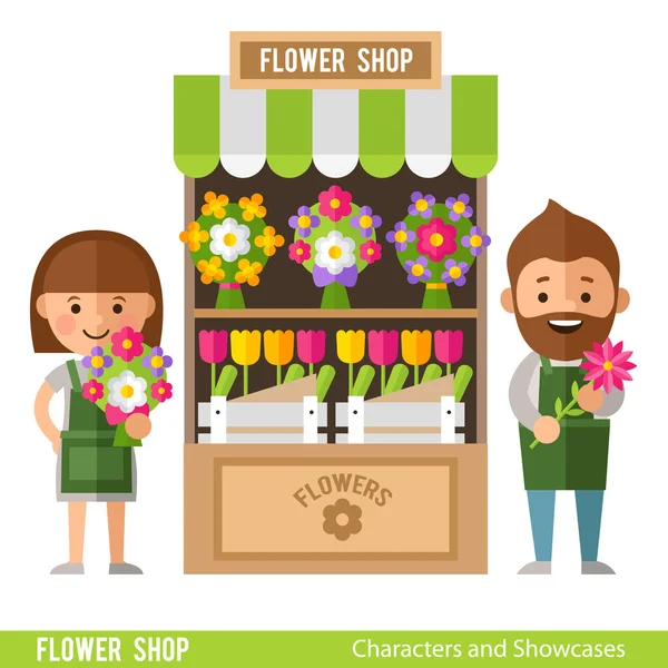 Vitrine de flores e floristas — Vetor de Stock