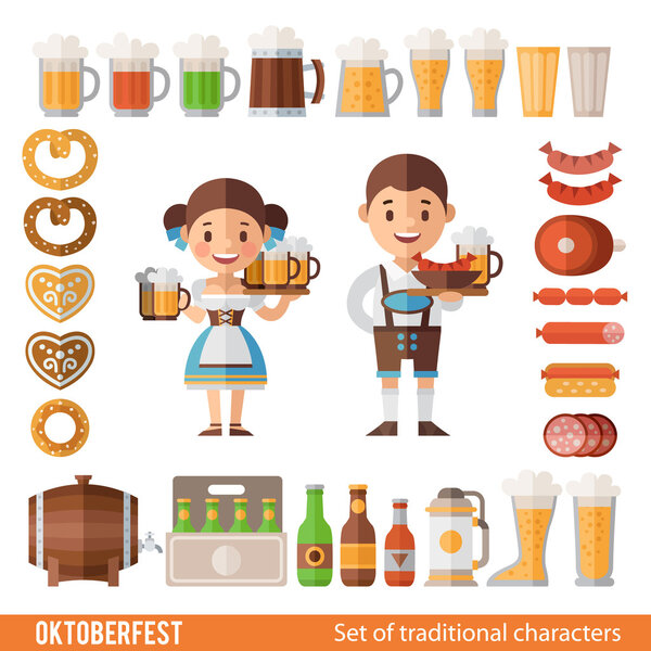 set of characters and icons in a flat style  Oktoberfest.