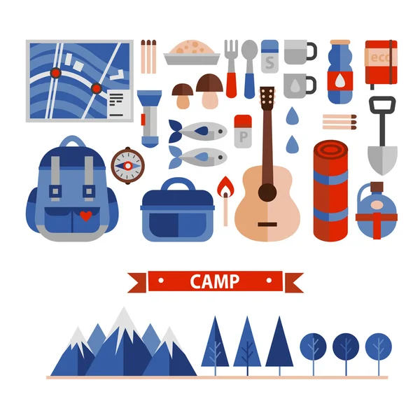 Conjunto de elementos campamento. Diseño plano . — Archivo Imágenes Vectoriales