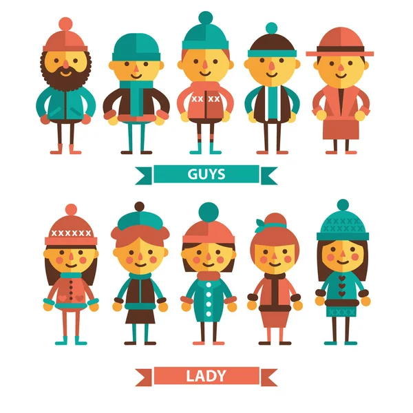 Ensemble de personnages en vêtements d'hiver . — Image vectorielle