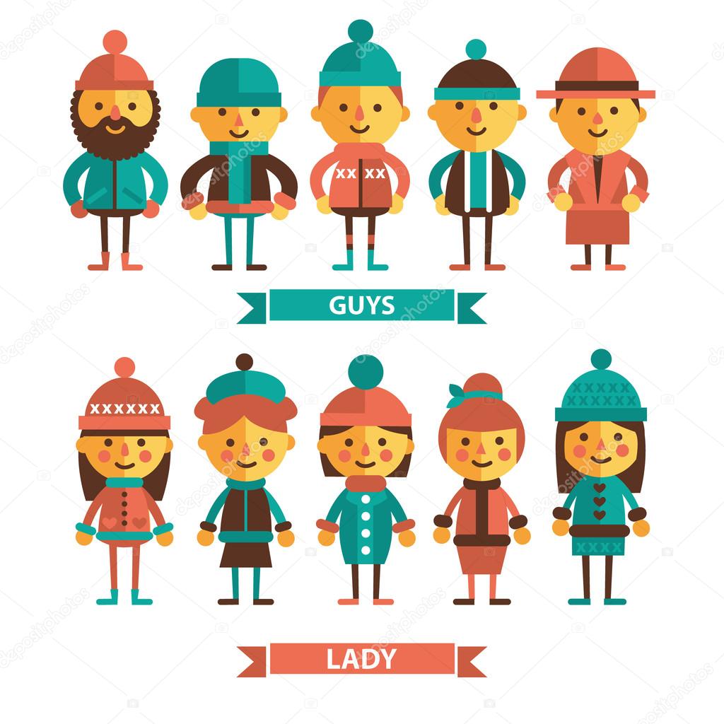 Set of characters in winter clothes.