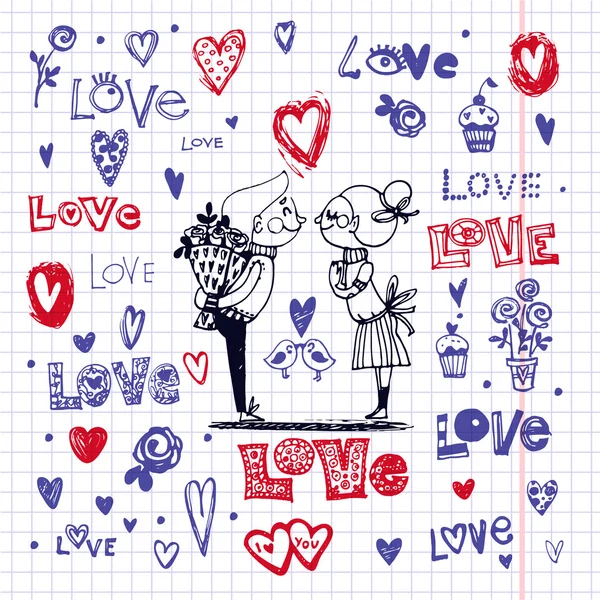 Ensemble de vecteur d'images dans le style de croquis sur le thème de l'amour. — Image vectorielle