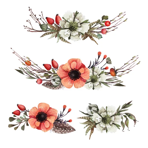 Amapolas, plumas, ramas y bayas — Vector de stock