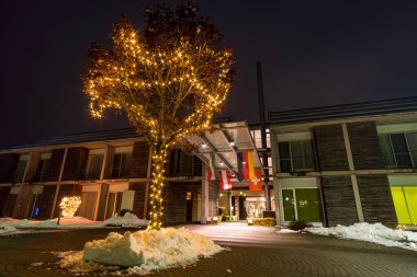 Üst Bataklık 'taki Bad Waldsee' de Prens Kış Parıltısı 'nda renkli atmosferli güzel Noel ışıklandırması