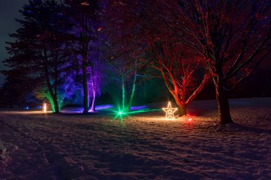 Üst Bataklık 'taki Bad Waldsee' de Prens Kış Parıltısı 'nda renkli atmosferli güzel Noel ışıklandırması