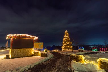 Üst Bataklık 'taki Bad Waldsee' de Prens Kış Parıltısı 'nda renkli atmosferli güzel Noel ışıklandırması