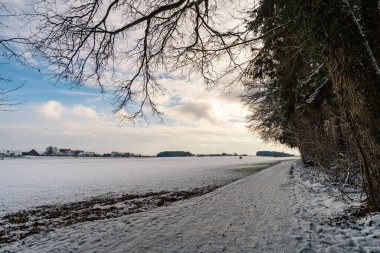 Yukarı Swabia 'daki Ravensburg yakınlarındaki Schmalegg' deki karla kaplı vadiden yürü.