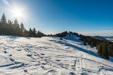 Oberstaufen yakınlarındaki Allgau Alplerinde güzel bir kış manzarası