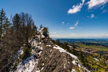 Imberg Nagelfluhkette 'deki Oberstaufen Steibis yakınlarında Alpenfreiheit premium yolu boyunca güzel bir dağ yürüyüşü.