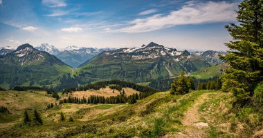 Avusturya 'nın Vorarlberg kentindeki Hochblanken sırtı boyunca Damuels yakınlarında güzel bir dağ yürüyüşü.