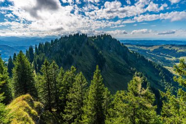 Nefes kesen sonbahar yürüyüşü, Hochgrats 'ın yumuşak güneş ışığı altında yemyeşil orman yamaçlarını yakalar, Allgaeu Alplerinde sükunet ve macera çağrıştırır.