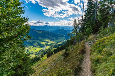 Hochgrat patikası boyunca sakin bir sonbahar yürüyüşü, yumuşak güneş ışığı ve dağınık bulutlar altında nefes kesen vadi manzaralarını ve yemyeşil ormanları ortaya çıkarır.