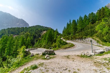 Dolambaçlı bir dağ yolu, berrak gökyüzü altındaki yoğun yeşil ormanlarda zarif bir şekilde esiyor ve Slovenya Vrsiç Geçidi yakınlarındaki huzur ve keşifleri çağrıştırıyor.