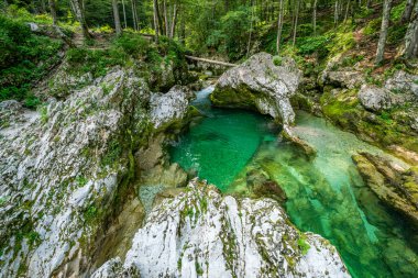 Slovenya 'da nefes kesici bir doğal havuz zümrüt gibi parlıyor Mostnica Vadisi' nde, engebeli uçurumlar ve antik orman arasında sükunet ve el değmemiş güzelliği çağrıştırıyor.