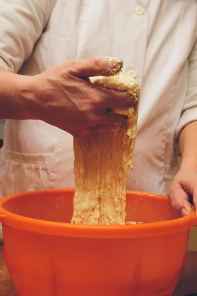 Chef kneading homemade bread dough — Stock Photo, Image