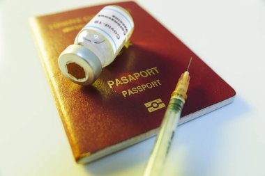 Koronavirüs aşısı şişesi ve aşı pasaportu olarak kırmızı renkli hindilerin olduğu bir şırıngayı yakın plan çek.