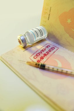 Koronavirüs aşısı şişesinin ve aşı pasaportu olarak hindilerin pasaportu olan şırınganın yakın plan fotoğrafını çek..