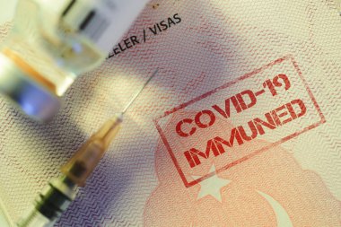 Koronavirüs aşısı şişesinin ve aşı pasaportu olarak hindilerin pasaportu olan şırınganın yakın plan fotoğrafını çek..