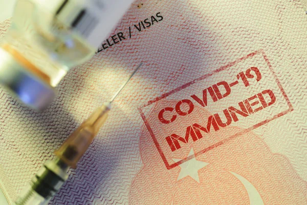 Close Shot Coronavirus Vaccine Bottle Syringe Turkeys Passport Vaccine Passport — Stock Photo, Image