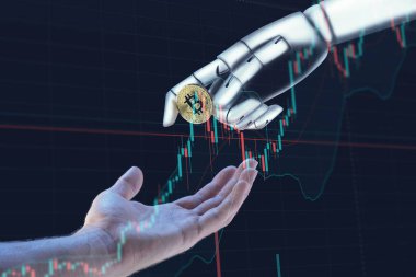 Robot el siyah arka planda bir insan eline Bitcoin veriyor..