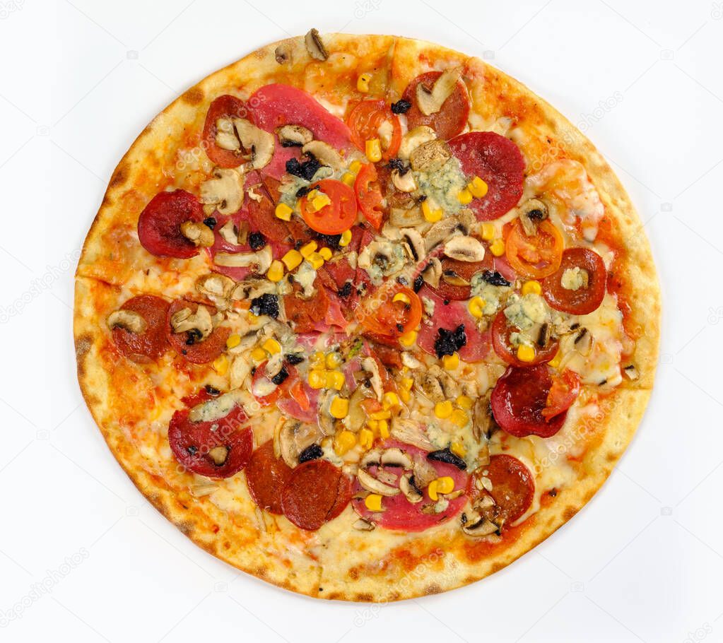 Top view Mixed whole pizza on a white background.