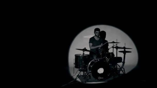 Silhouette Drummer Playing Drum Red Background Studio Shot Footage — Stock Video