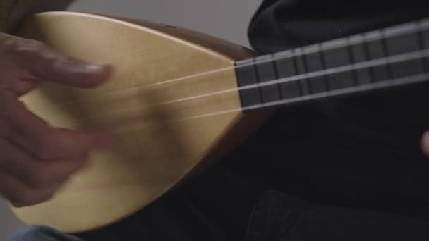 Close Shot Playing Kopuz Which String Instrument Named Baglama Three — Stock Video