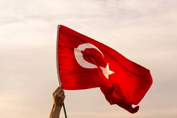 Close Shot Hand Held Turkish Flag Waving Warm Cloudy Sky — Stock Photo, Image