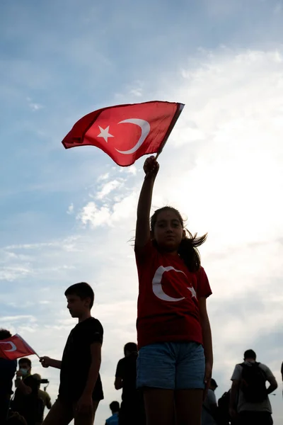 Izmir Turkey September 2021 Girl Waving Turkish Flag Liberty Day — Stock Photo, Image