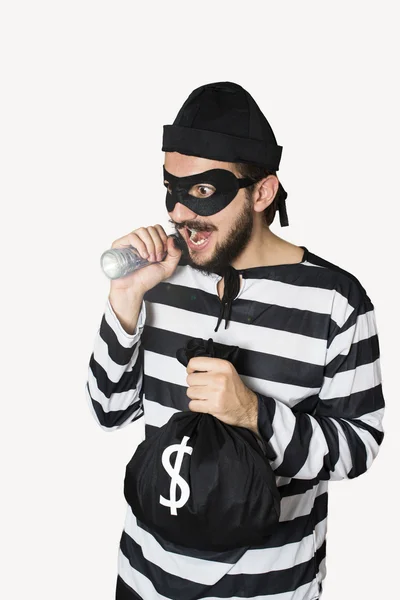 Glücklicher Einbrecher mit Geldbeutel, Maske, Taschenlampe und Hut. — Stockbild Einbrecher — Stockfoto