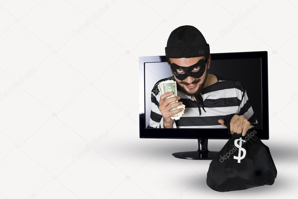 Herunterladen - Glückliche Einbrecher stehlen Geld in einem Computermonitor auf weißem Hintergrund. — Stockbild Einbrecher — Stockfoto
