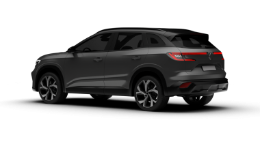 Melez gri bir C-SUV 'un şeffaf bir arka planda arka sol tarafını gösteren, modern tasarımı ve çevre dostu özelliklerini vurgulayan 3 boyutlu bir çizimi.