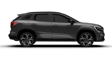 Melez gri bir C-SUV 'un şeffaf bir arka planda tam sağ tarafını gösteren, parlak eğriler ve çevre dostu yenilikler gösteren 3 boyutlu bir çizimi