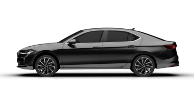 Arkaplanda koyu gri renkli modern bir sedan arabanın tam sol kenarı.