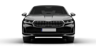 Şeffaf arkaplanda koyu gri renkli modern sedan arabanın ön görünümü