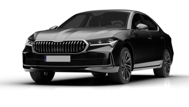 Koyu gri renkli, şeffaf bir arkaplan ile yapılmış modern sedan arabanın sol ön görüntüsü