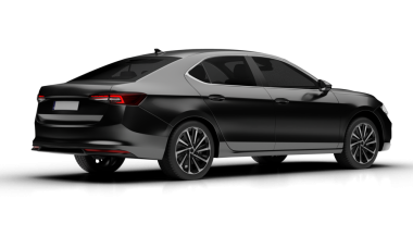 Şeffaf arka planda yapılmış koyu gri modern sedan arabanın hafif sağ arka görüntüsü