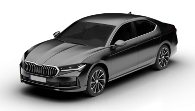 Koyu gri, modern sedan arabanın ön sol görüşü şeffaf bir arkaplan oluşturur.