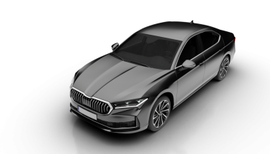 Koyu gri renkli, şeffaf bir arkaplan ile yapılmış modern sedan arabanın sol ön görüntüsü