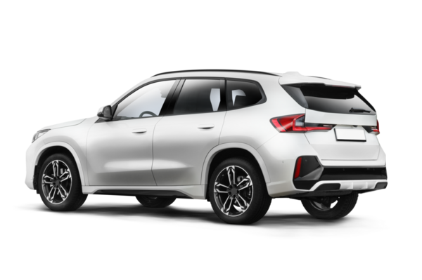 Şeffaf bir arka planda beyaz renkli, modern bir SUV 'nin kısmen sol ve arka tarafı.