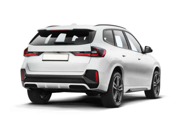 Şeffaf bir arka planda beyaz renkli, modern bir SUV 'nin kısmen sağ ve arka tarafı.
